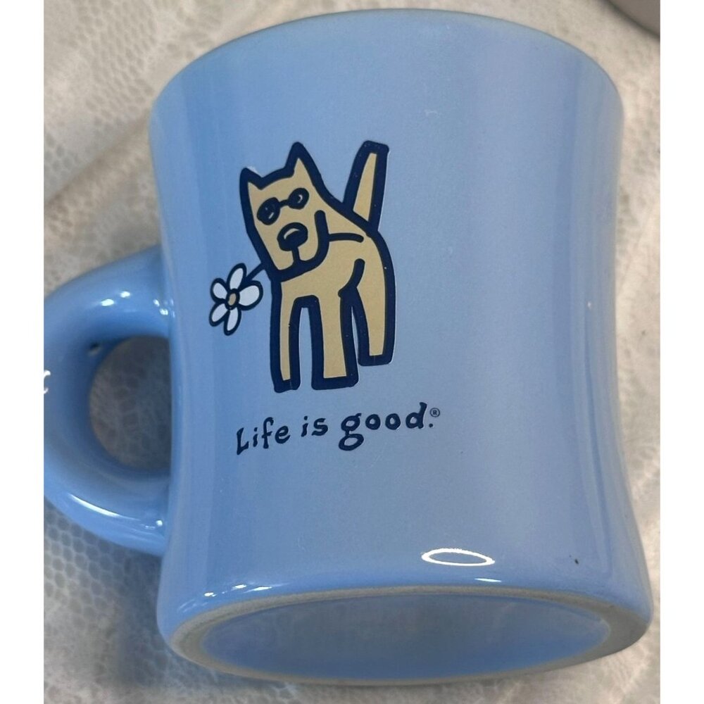 Life Is Good Ceramic Diner Mug Blue Dog Flower Design Diner Style Friend Gift